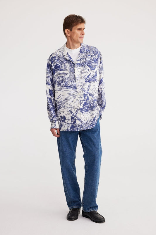 RÓHE MEN OVERSIZED CAMP COLLAR LS SILK SHIRT - BLUE HOLLAND PRINT