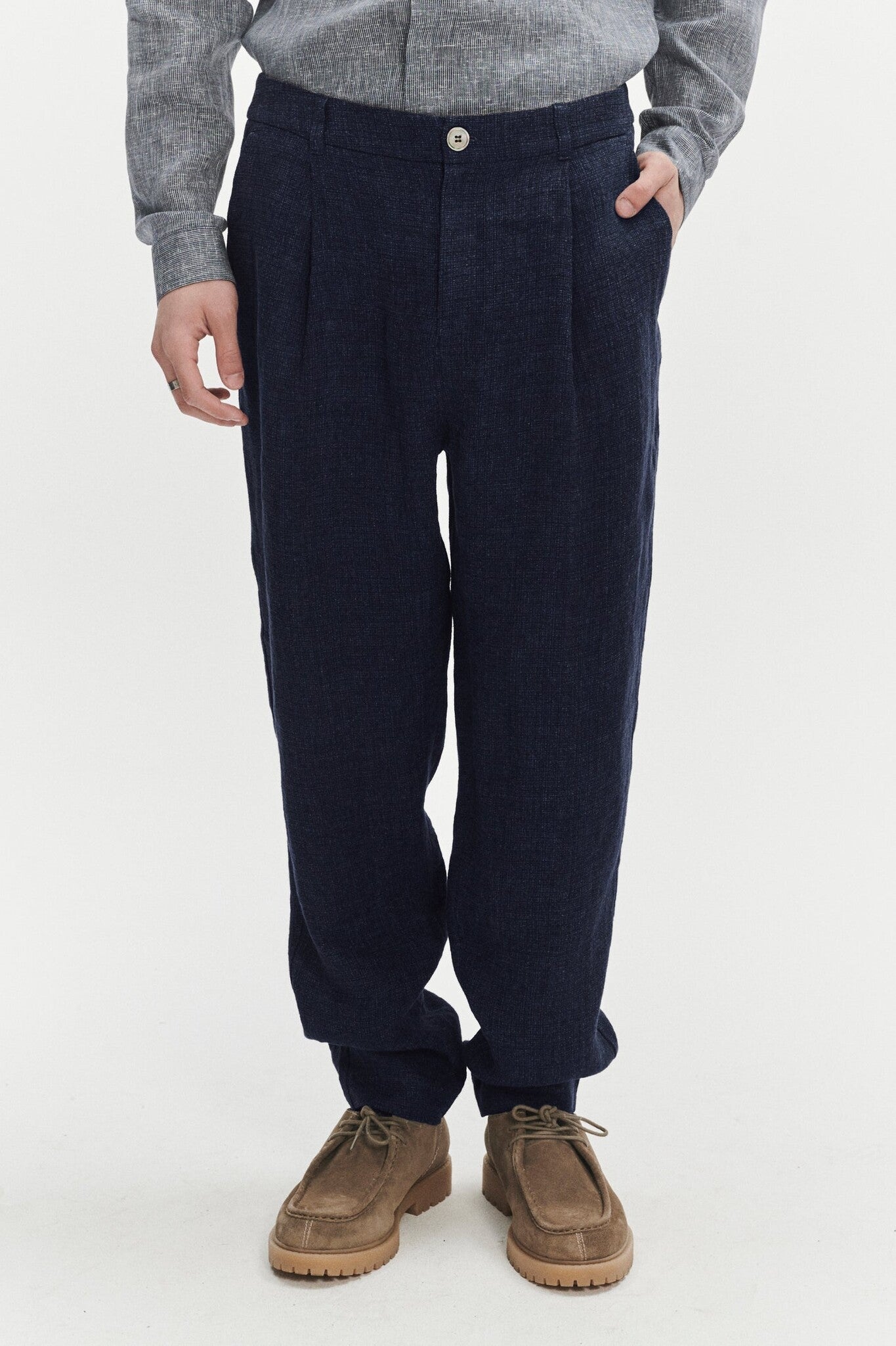 DELIKATESSEN GENUINE TROUSERS - NAVY SEERSUCKER