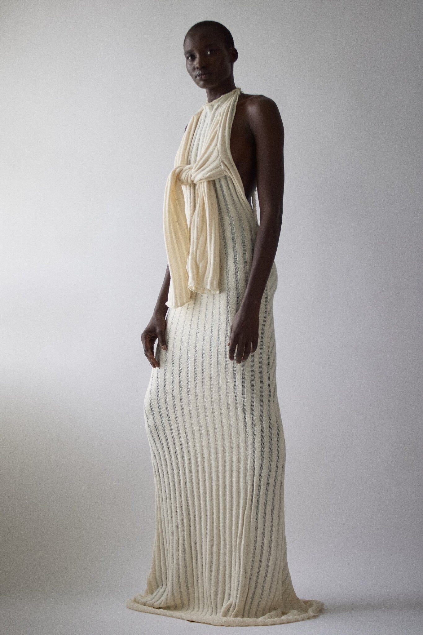 JADE CROPPER KNITTED MAXI DRESS WITH OPEN BACK - LIGHT BEIGE