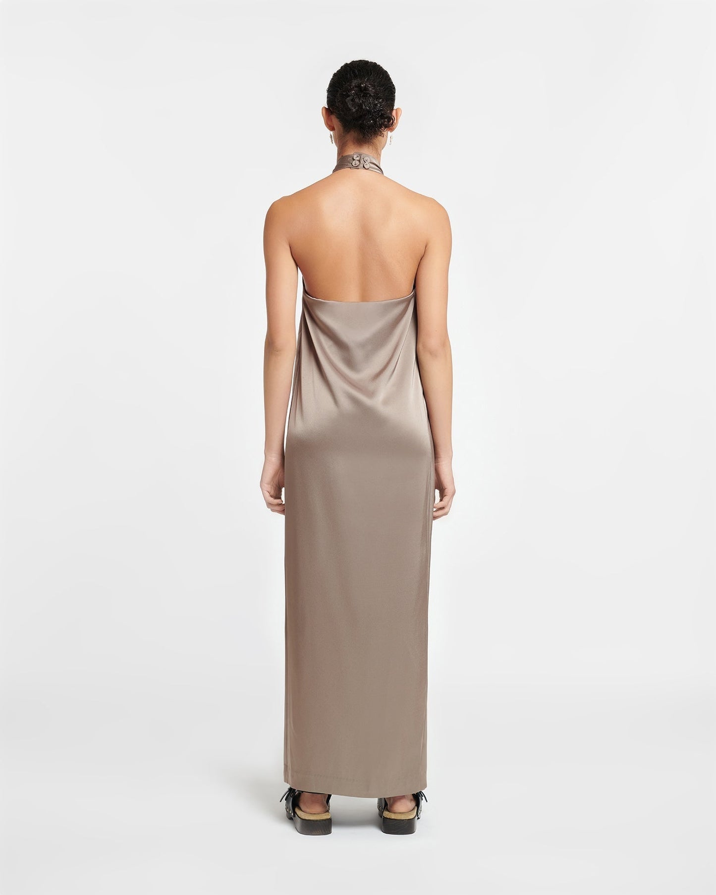 NANUSHKA ELIMA SLIP SATIN HIGH NECK MIDI DRESS - CLAY