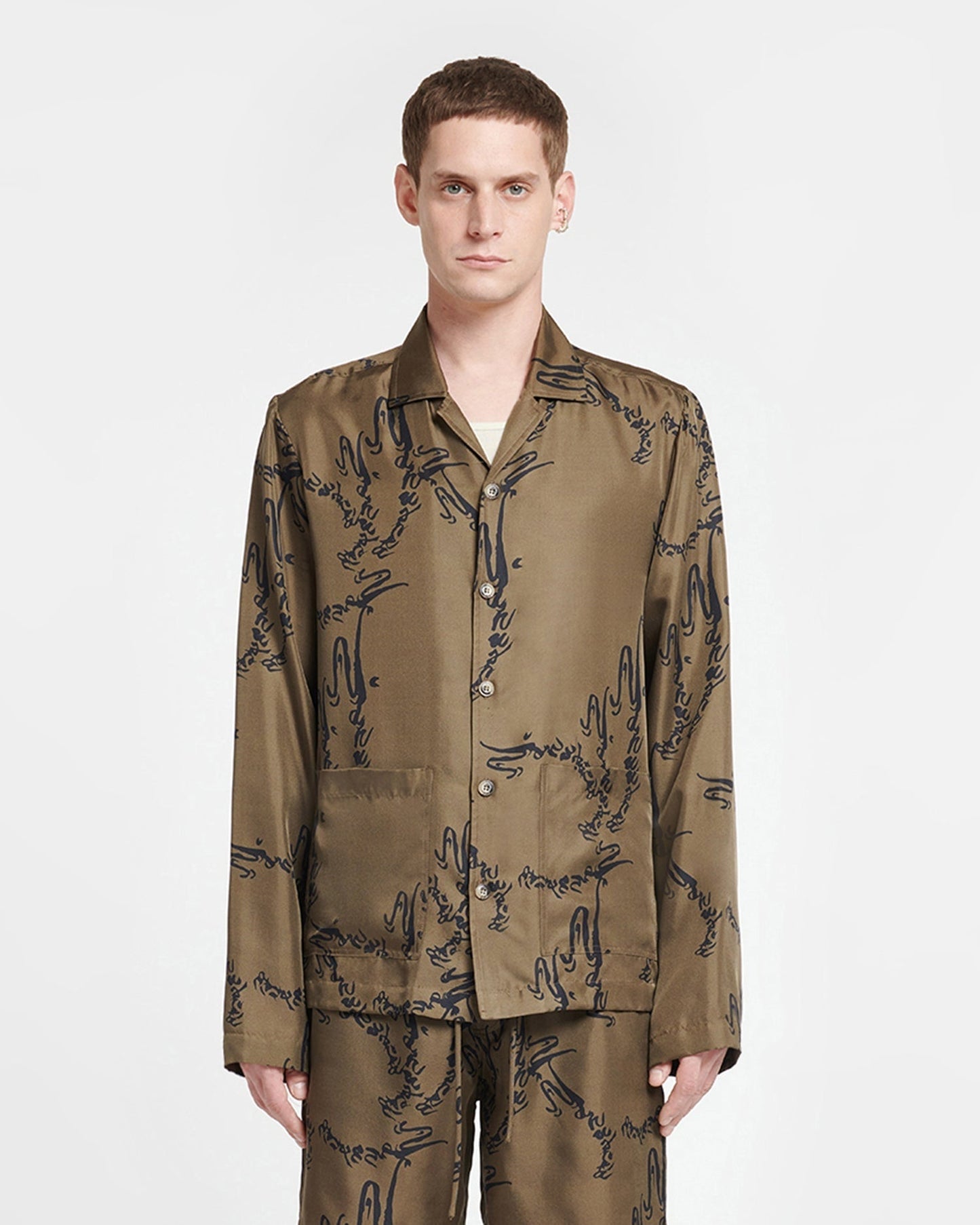 NANUSHKA MEN EMIN TWILL SILK LS SHIRT - CALLIGRAPHY KHAKI