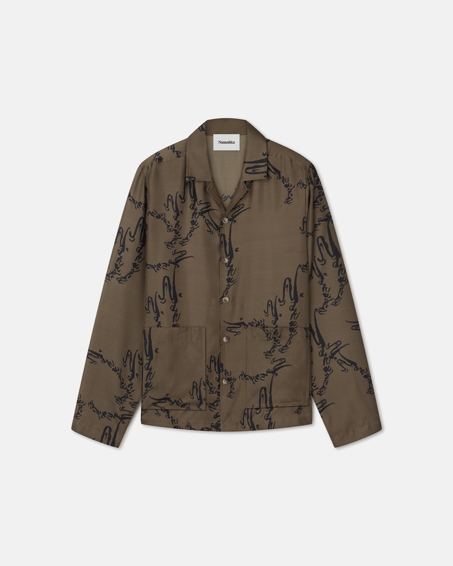 NANUSHKA MEN EMIN TWILL SILK LS SHIRT - CALLIGRAPHY KHAKI