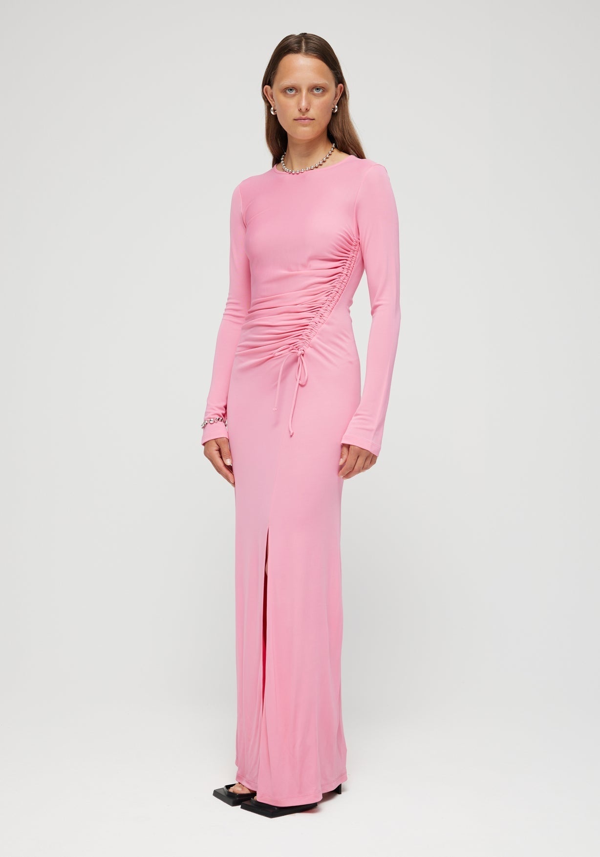 RÓHE DRAWSTRING JERSEY DRESS - POP PINK