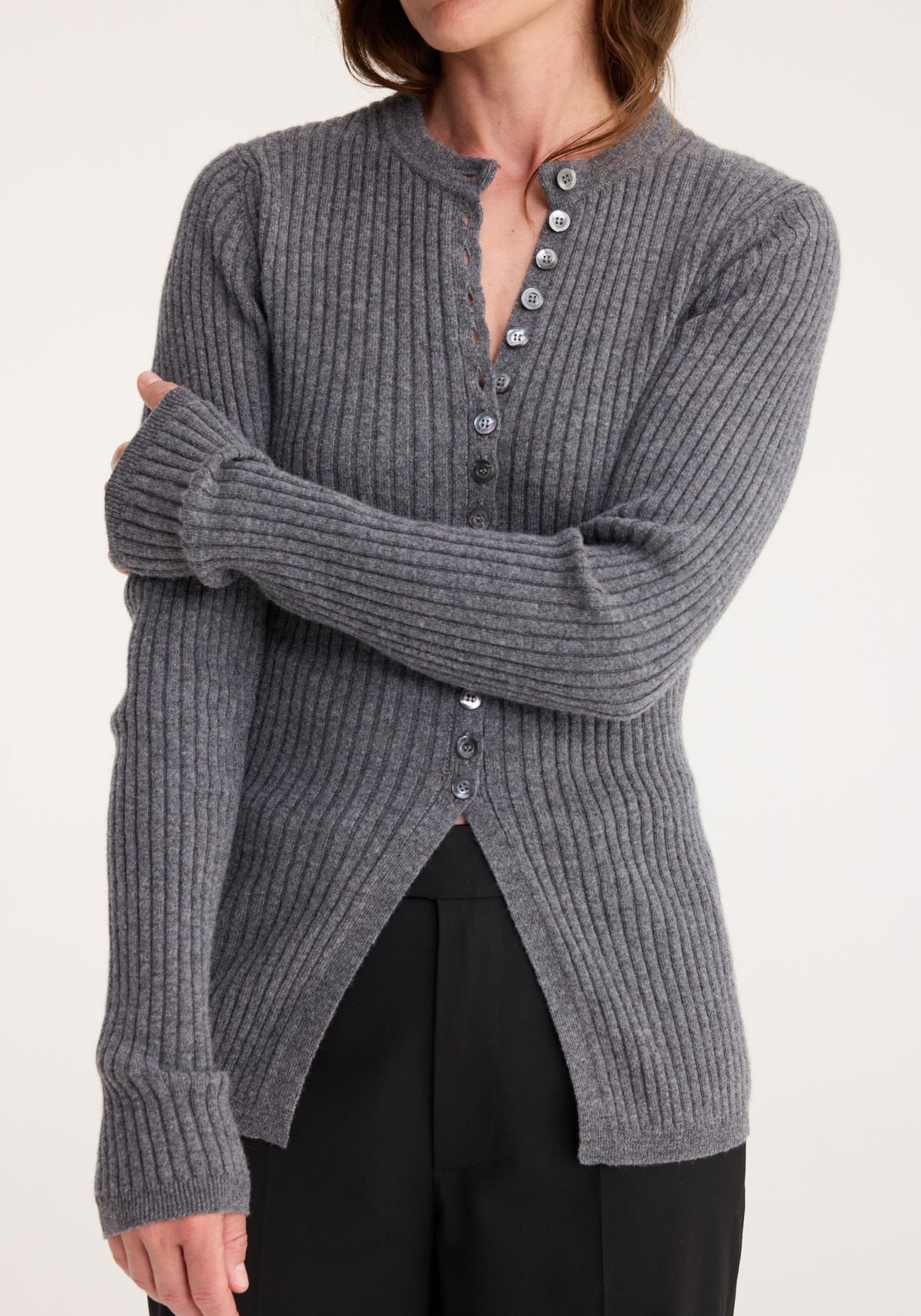 RÓHE ELONGATED RIB CARDIGAN - MID GREY MELANGE