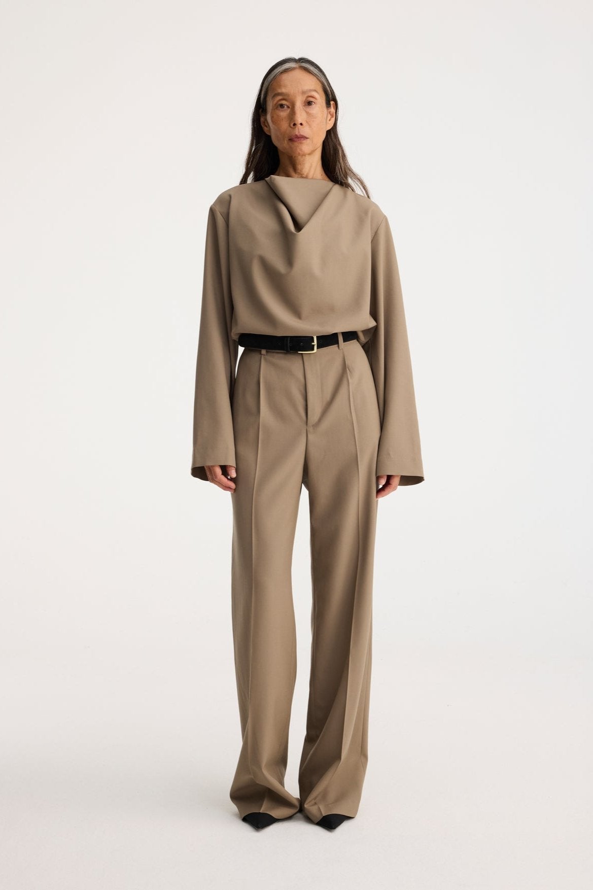 RÓHE DRAPED WOOL TOP - KHAKI