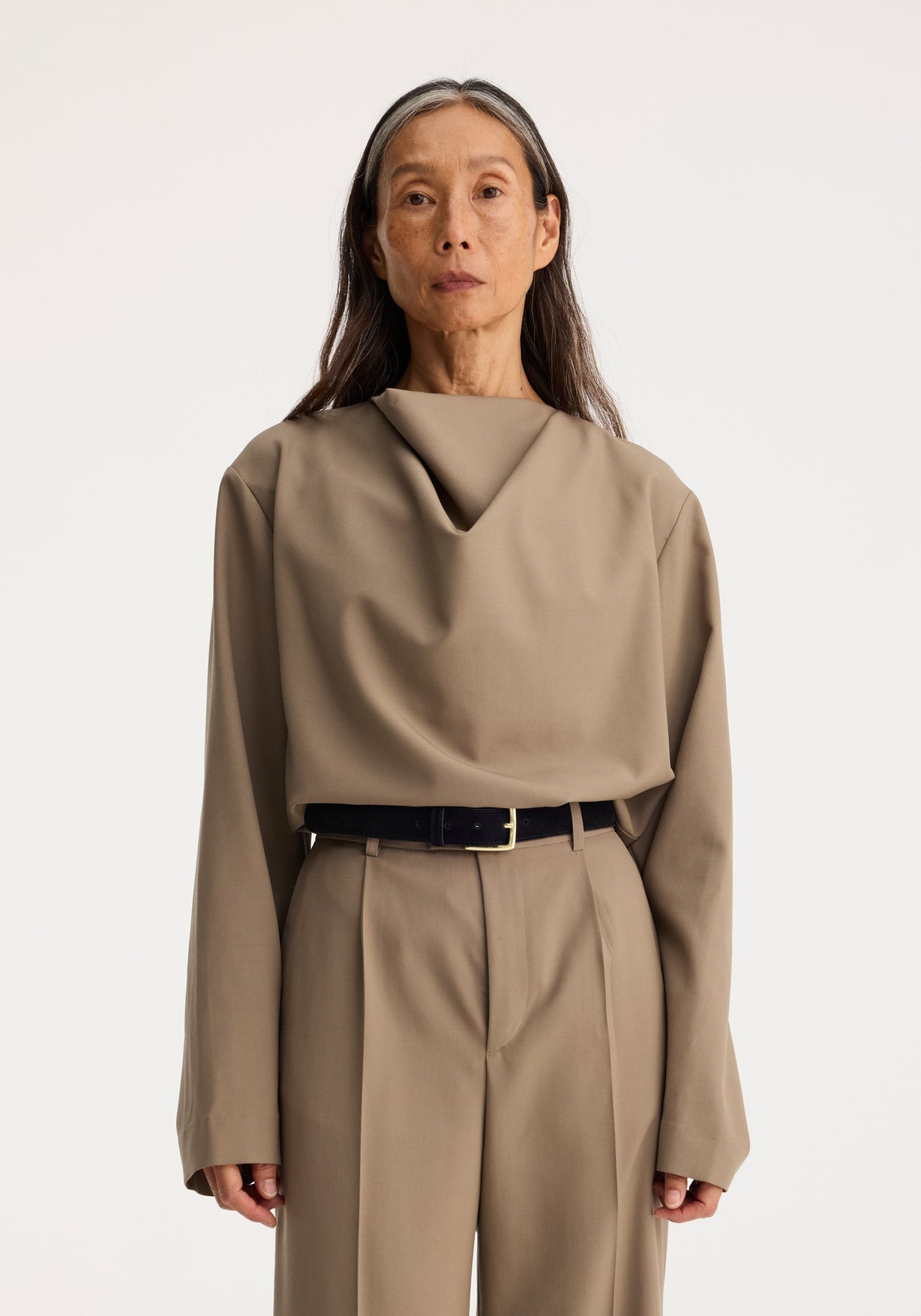 RÓHE DRAPED WOOL TOP - KHAKI