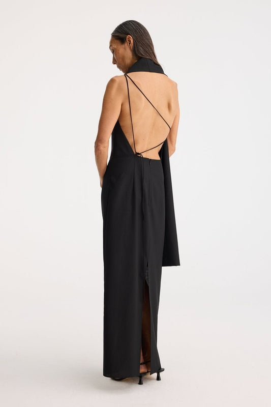 RÓHE OPEN BACK SCARF DRESS - BLACK