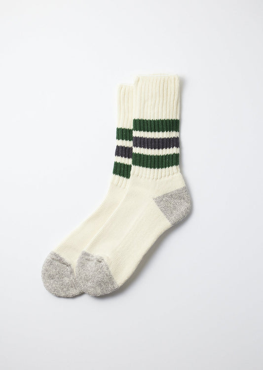 ROTOTO ROTOTO RIBBED OLD SCHOOL CREW SOCKS - GREEN/CHARCOAL